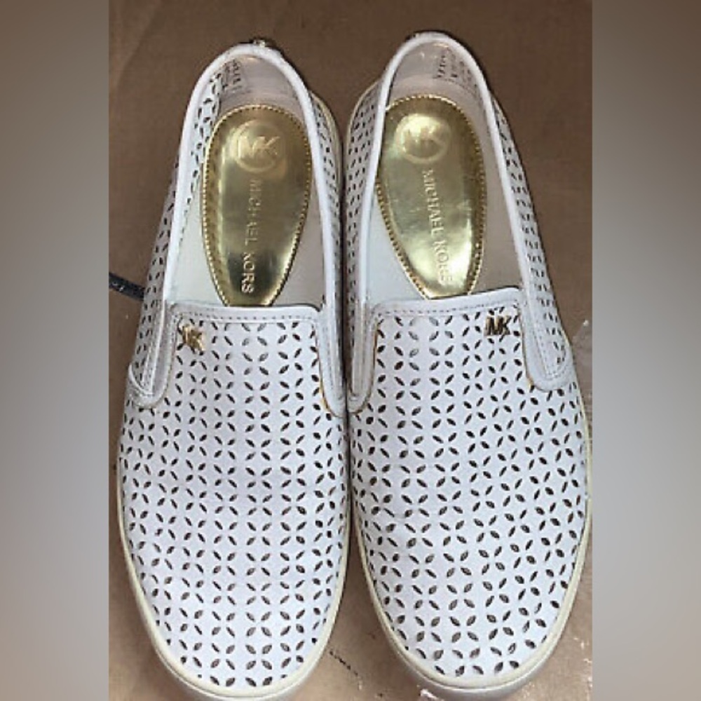 Micheal Kors Olivia Perforated Slip On Sneakers Size 6M Gold Hardware Logos